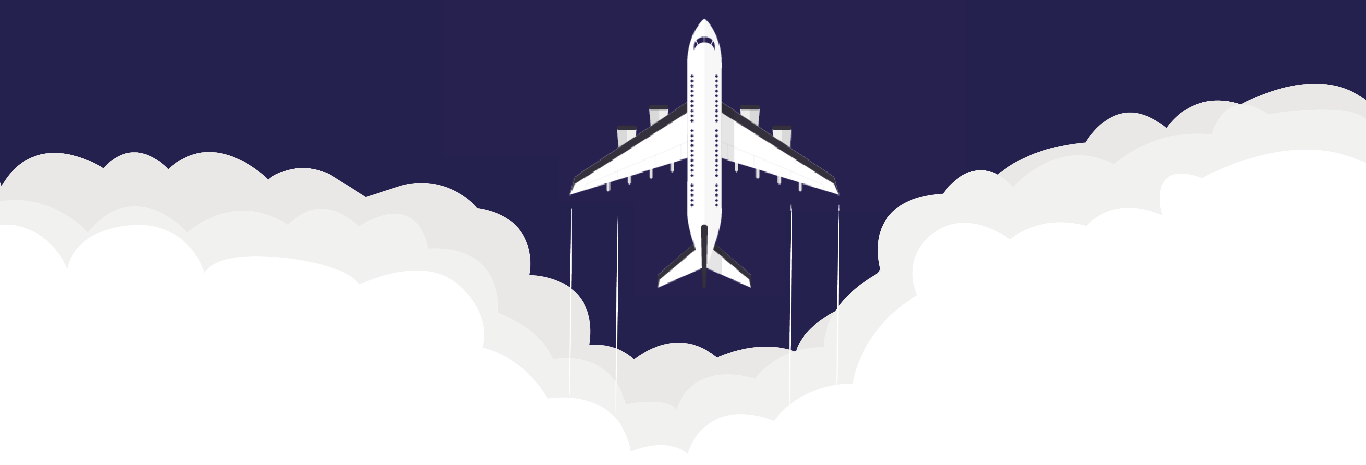 Avião branco a surgir do meio de nuvens num fundo azul escuro.