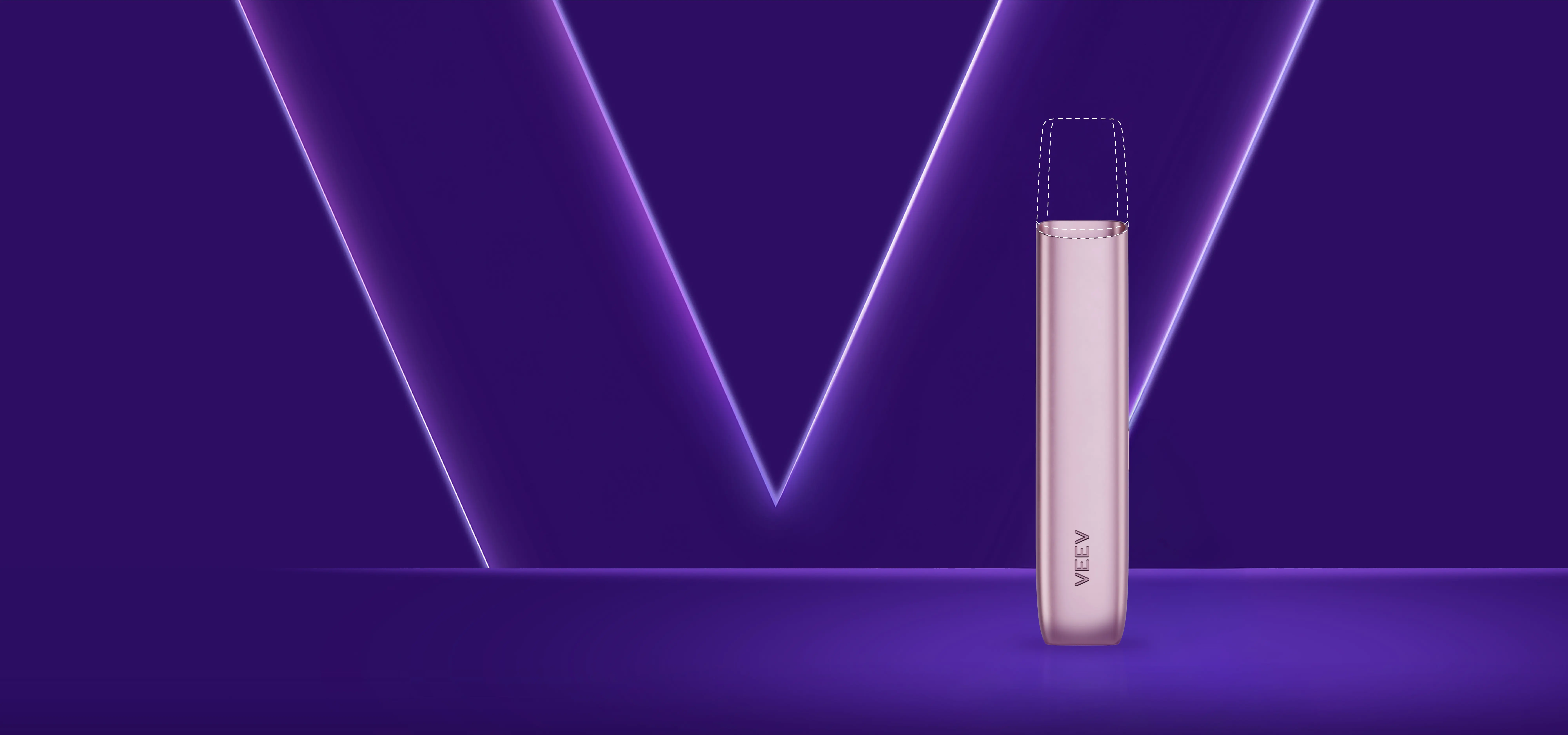 Banner promocional com um dispositivo VEEV ONE em rosa, orientado para cima, com parte superior com recarga a tracejado, com letra V em roxo em fundo roxo escuro.