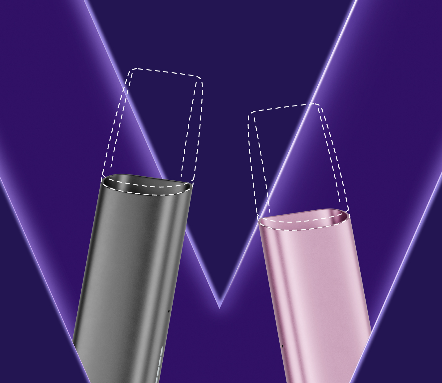 V de VEEV luminoso centrado na imagem sobre fundo roxo com detalhe de dispositivo VEEV ONE na cor preta orientado para a direita e detalhe de dispositivo VEEV ONE na cor rosa orientado para a esquerda. Recargas simuladas a picotado.