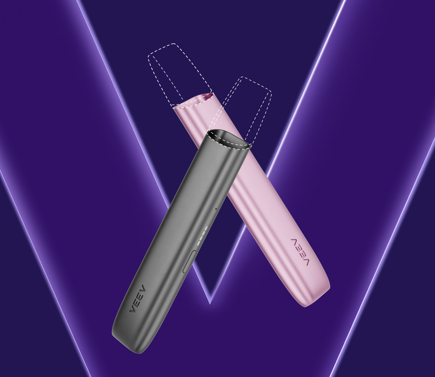 V de VEEV luminoso centrado na imagem sobre fundo roxo com dispositivo VEEV ONE na cor rosa orientado para a esquerda cruzado por cima com um dispositivo VEEV ONE na cor preta orientado para a direita. Recargas simuladas a picotado.