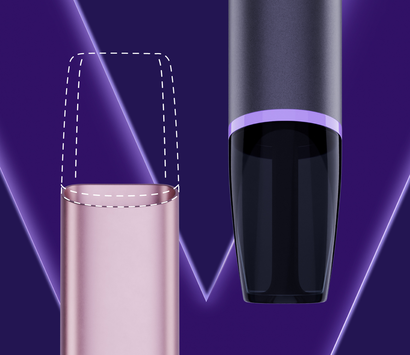 Detalhe de V de VEEV luminoso centrado na imagem sobre fundo roxo com detalhe de boquilha de dispositivo VEEV ONE na cor rosa orientado para cima com recarga simulada a picotado e detalhe da boquilha de dispositivo VEEV NOW ULTRA sabor Mirtilo e Framboesa orientado para baixo.