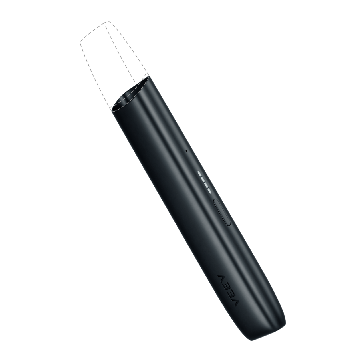 Dispositivo VEEV ONE na cor preto, orientado para cima. A área de recarga é indicada com linhas tracejadas sobre um fundo transparente.