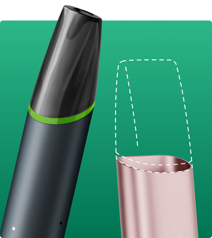 Imagem com dois dispositivos aproximados, orientados para cima, do lado esquerdo um VEEV NOW ULTRA, do lado direito um VEEV ONE em rosa com recarga a tracejado. Ambos em fundo verde.