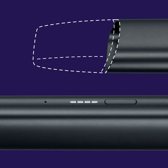 Dois dispositivos aproximados VEEV ONE em preto, na horizontal, parte superior com recarga a tracejado, parte lateral com luzes de estado acesas e botão, e parte inferior, em fundo roxo.