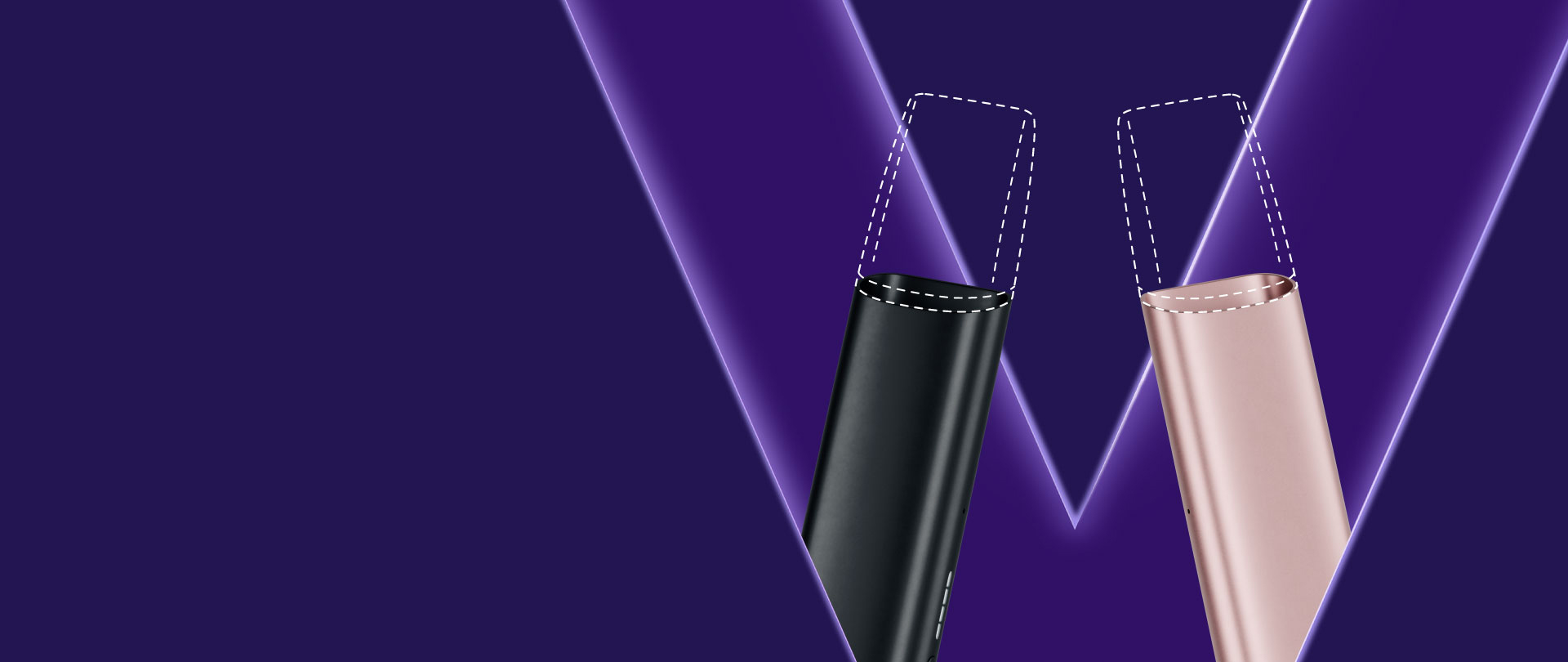 Banner promocional com dois dispositivos VEEV ONE aproximados, um rosa e outro preto. Ambos orientados para cima, parte superior, com recarga a tracejado, com V em roxo, em fundo roxo escuro.