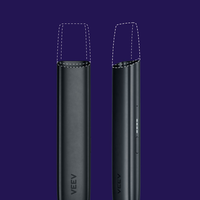 Dois dispositivos VEEV ONE em preto, orientados na vertical, parte frontal com logótipo e recarga a tracejado e parte lateral com luzes de estado acesas e botão, em fundo roxo.