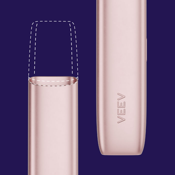 Dois dispositivos aproximados VEEV ONE em rosa, na vertical, parte superior com recarga a tracejado, orientado para cima e parte inferior com logótipo, em fundo roxo.