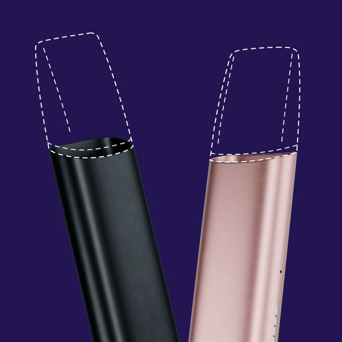 Dois dispositivos aproximados VEEV ONE um em rosa, outro em preto, na vertical, parte superior com recarga a tracejado, em fundo roxo.