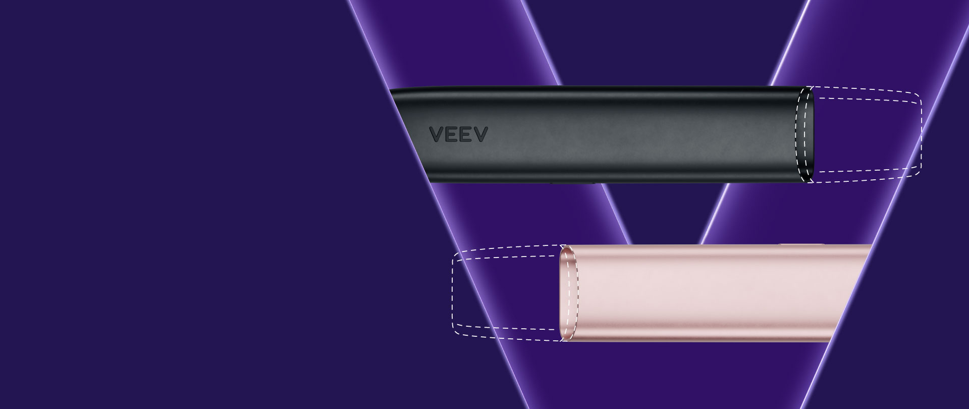 Banner promocional com dois dispositivos VEEV ONE, um rosa e outro preto. O dispositivo preto está na parte superior orientado para a direira, dispositivo rosa na parte inferior orientado para a esquerda. Ambos têm as recargas a tracejado, com V em roxo, em fundo roxo escuro.