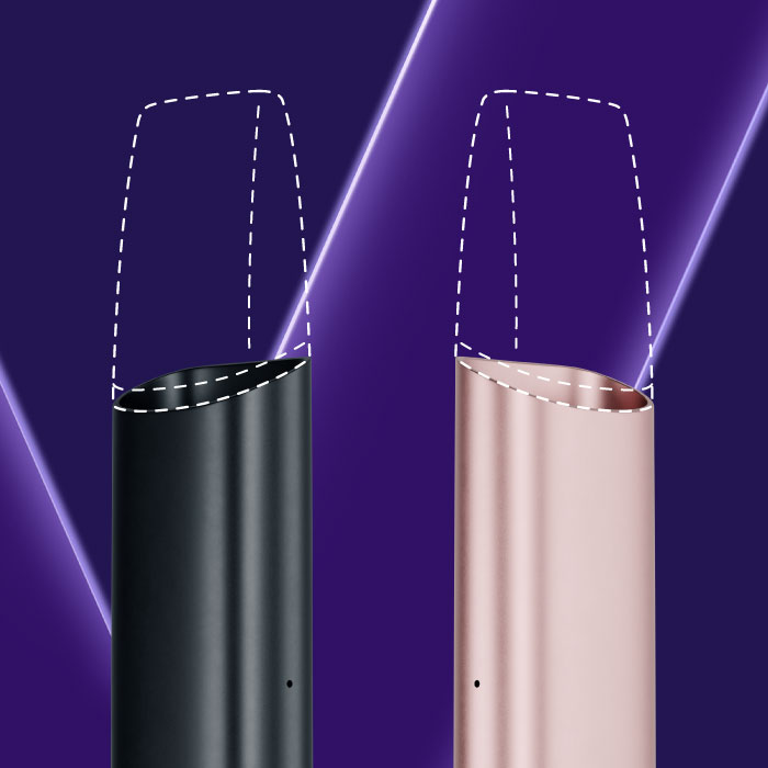Dois dispositivos aproximados VEEV ONE um em rosa, outro em preto, na vertical, parte superior com recarga a tracejado, em fundo roxo.