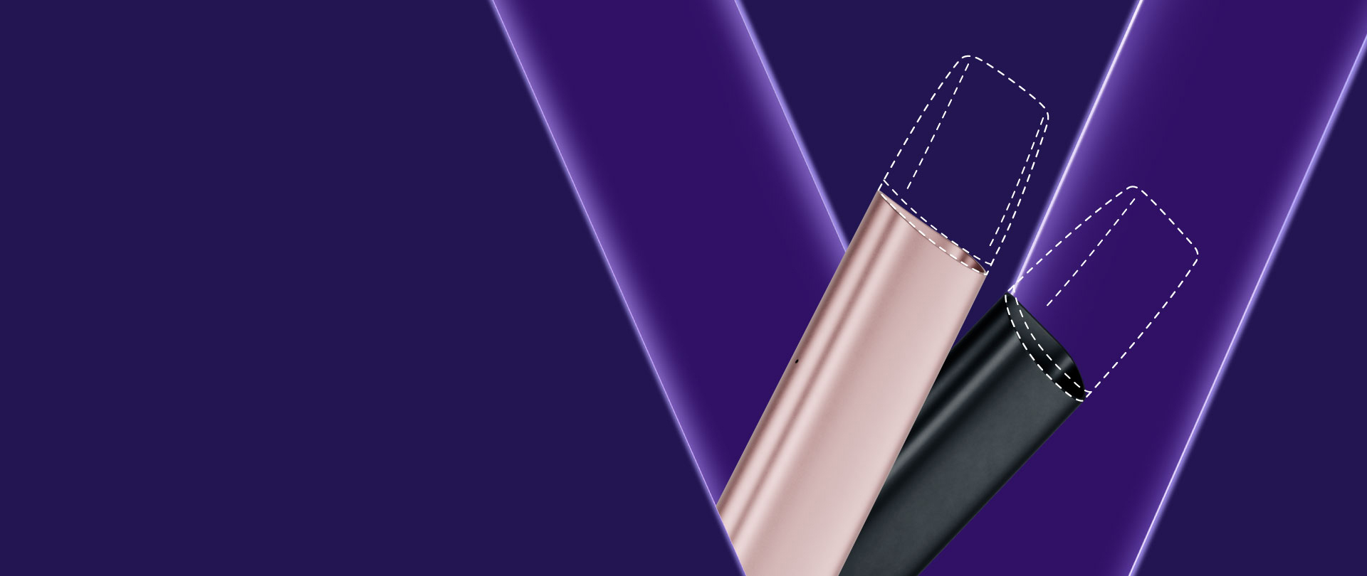 Banner promocional com dois dispositivos VEEV ONE, um rosa e outro preto. Ambos orientados para a direita, parte superior, com recarga a tracejado, com V em roxo, em fundo roxo escuro.