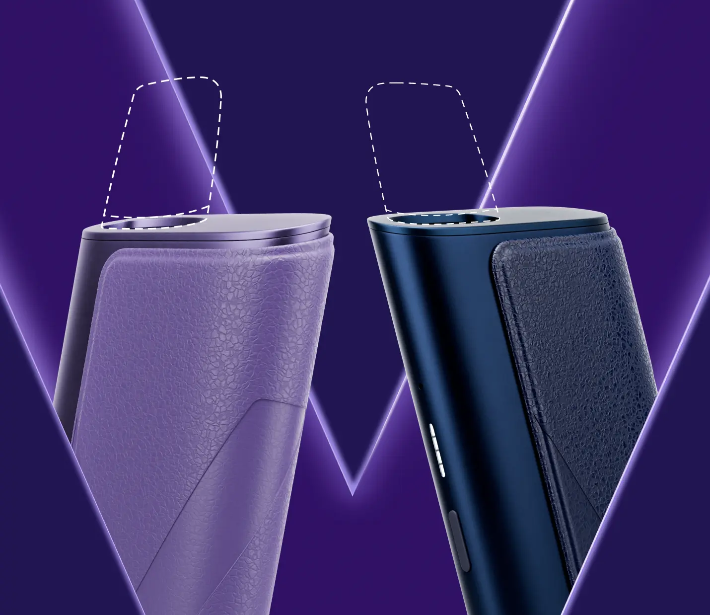 Dois dispositivos VEEV ONE Plus na vertical inclinados um para o outro, um roxo e outro preto. Sobre um fundo roxo com um v também em roxo.