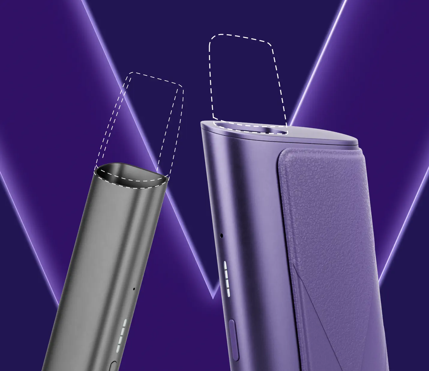 Um dispositivo de vaporização VEEV ONE em preto ao lado de um elegante dispositivo VEEV ONE PLUS roxo, ambos contra um fundo roxo com um v também em roxo.