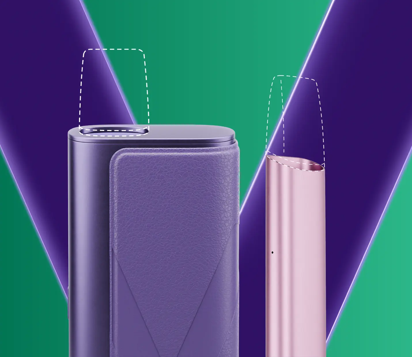 Um dispositivo de vaporização VEEV ONE plus em roxo ao lado de um elegante dispositivo VEEV ONE rosa, ambos contra um fundo verde com um v em roxo.