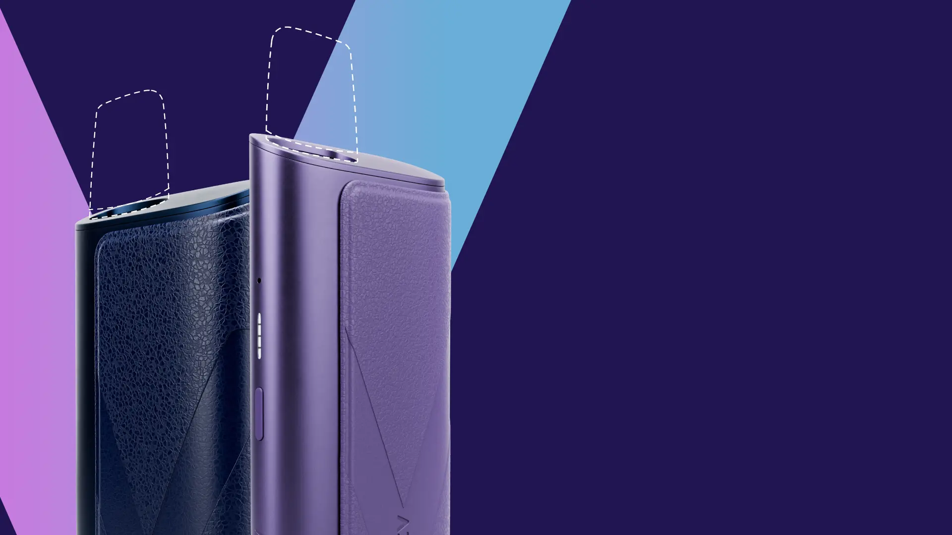 Dois dispositivos de vaporização VEEV ONE plus em preto e outro em roxo lado a lado com ligeira sobreposição, ambos contra um fundo roxo mais escuro com um V em tons de rosa e azul bébé