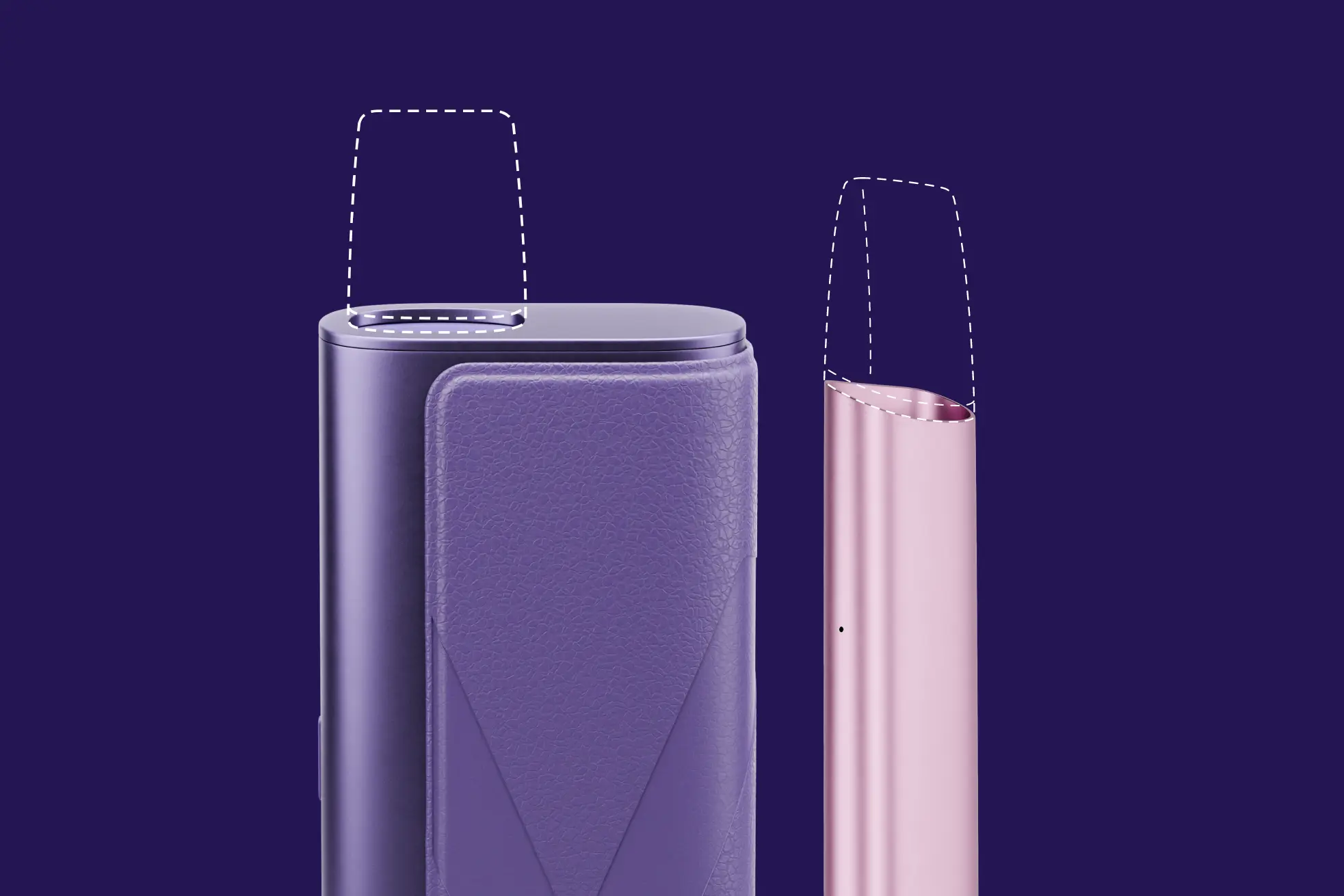 Um dispositivo de vaporização VEEV ONE plus em roxo ao lado de um elegante dispositivo VEEV ONE rosa, ambos contra um fundo roxo.
