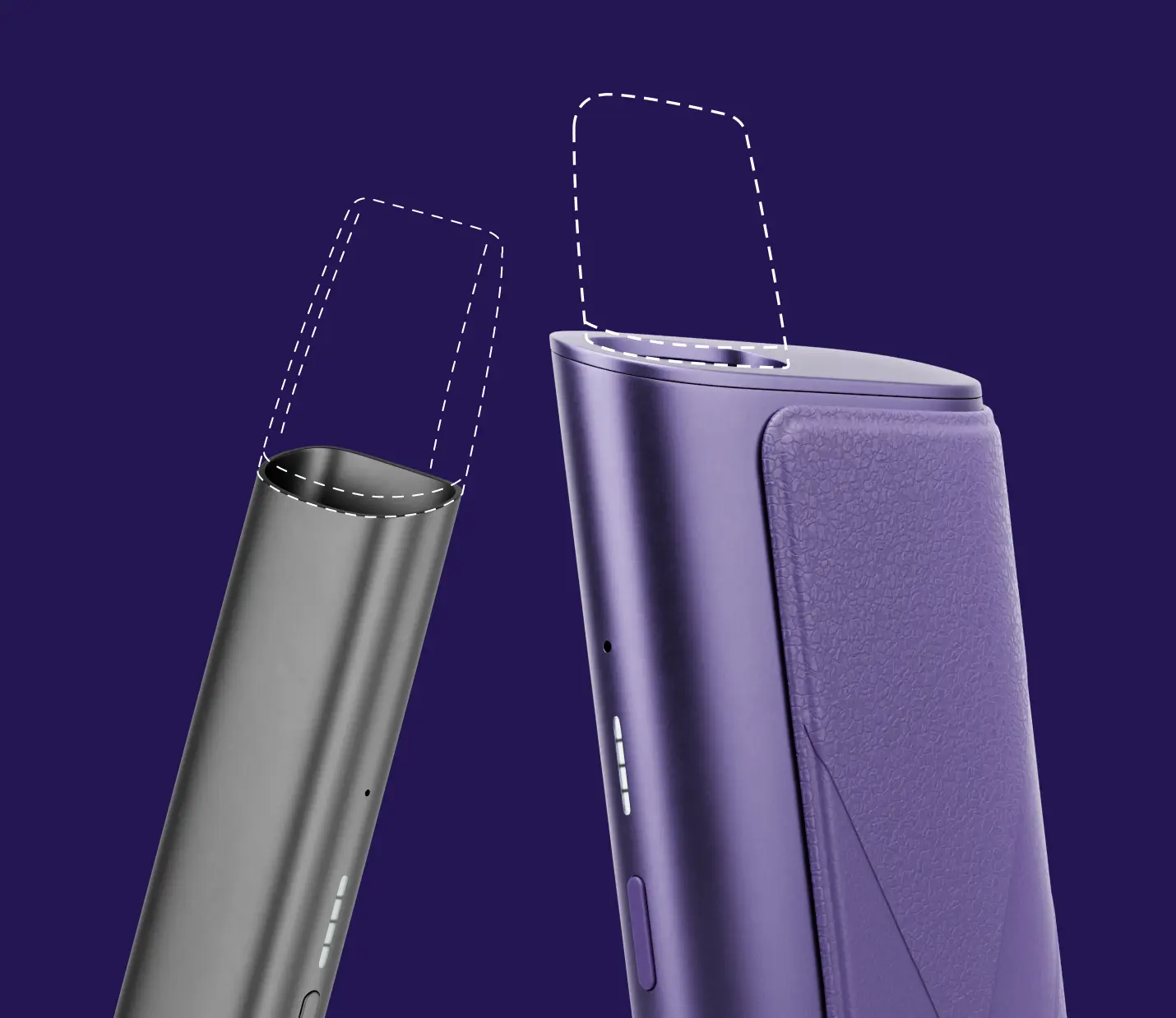 Um dispositivo de vaporização VEEV ONE em preto ao lado de um elegante dispositivo VEEV ONE PLUS roxo, ambos contra um fundo roxo.