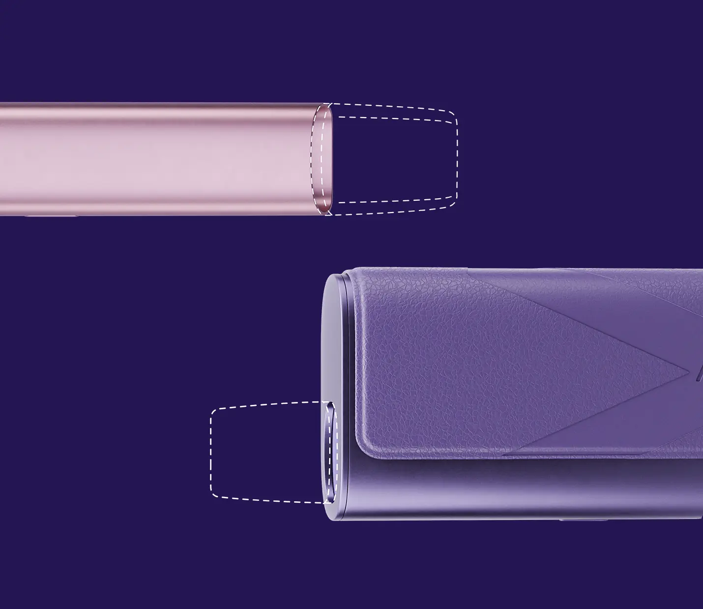 Um dispositivo VEEV ONE rosa deitado na horizontal e mais abaixo em paralelo um dispositivo VEEV ONE Plus roxo, ambos com as recargas a picotado, sobre um fundo roxo.