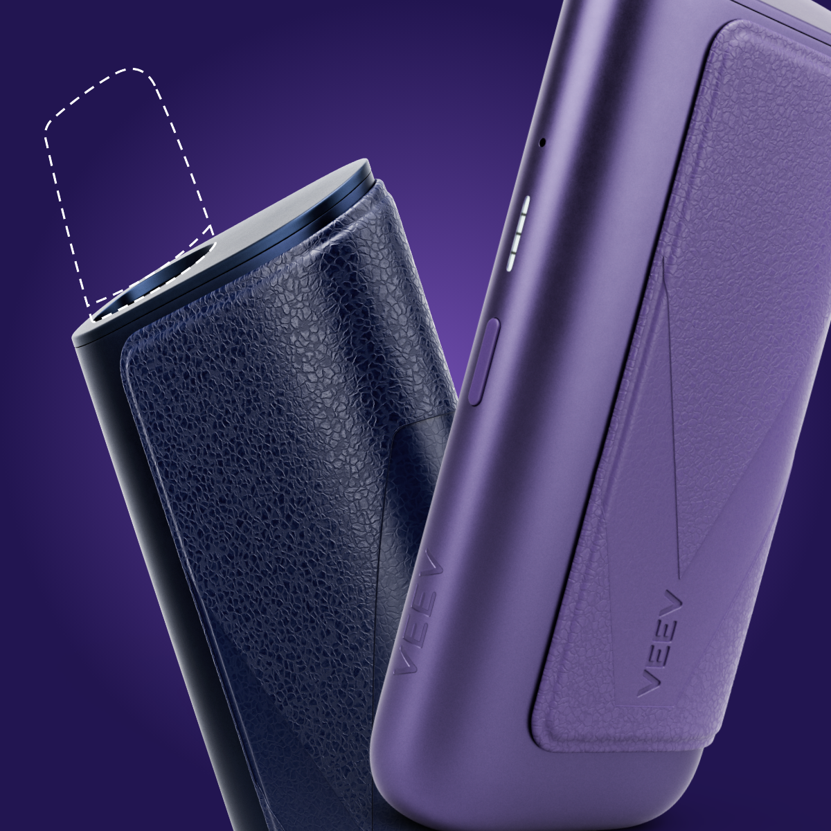 Dispositivo aproximado VEEV ONE PLUS em rosa, parte superior, com recarga a tracejado, centrado e em fundo laranja.