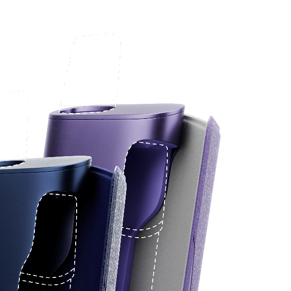 Um dispositivo aproximado VEEV NOW ULTRA™ em rosa, orientado na vertical, parte superior com vista de topo, com sabor de mirtilo num fundo azul escuro com V roxo.