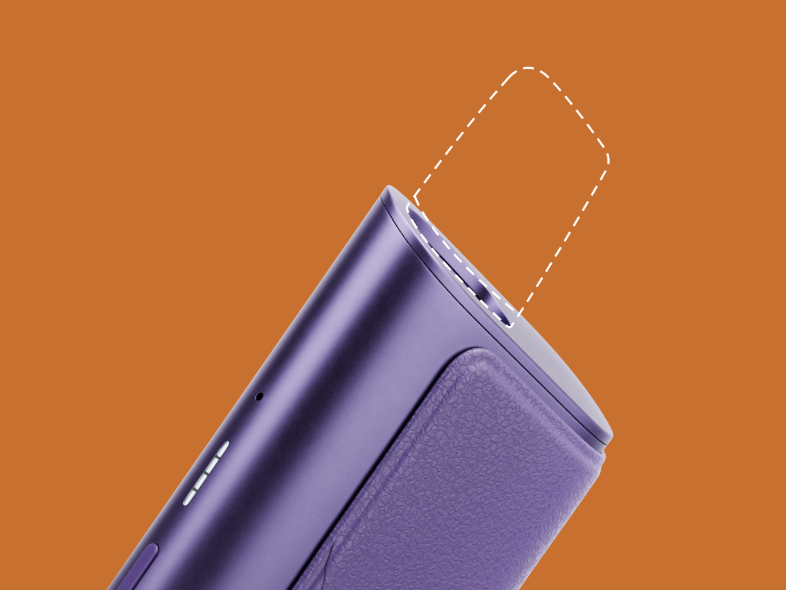 Dispositivo aproximado VEEV ONE PLUS em violeta, parte superior, com recarga a tracejado, orientado para a direita e em fundo laranja.