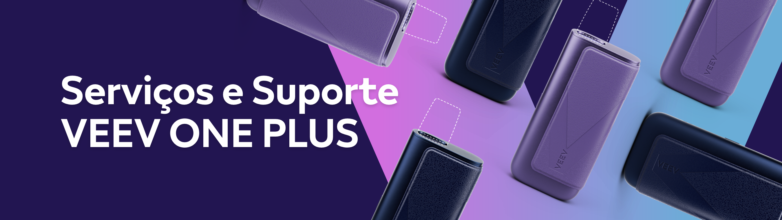 Banner coleção de dispositivos VEEV ONE PLUS rosa e preto, vista de topo com logótipo, com a recarga a tracejado, em fundo e V azul escuro.