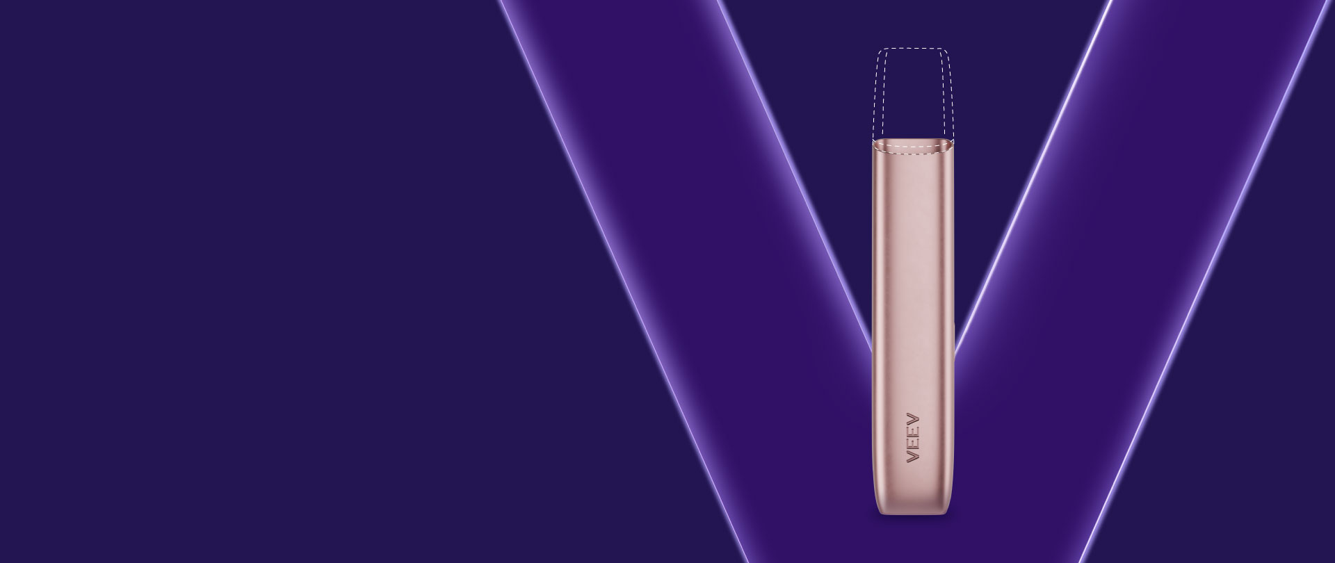 Banner promocional com um dispositivo VEEV ONE em rosa, orientado para cima, com parte superior com recarga a tracejado, com letra V em roxo em fundo roxo escuro.