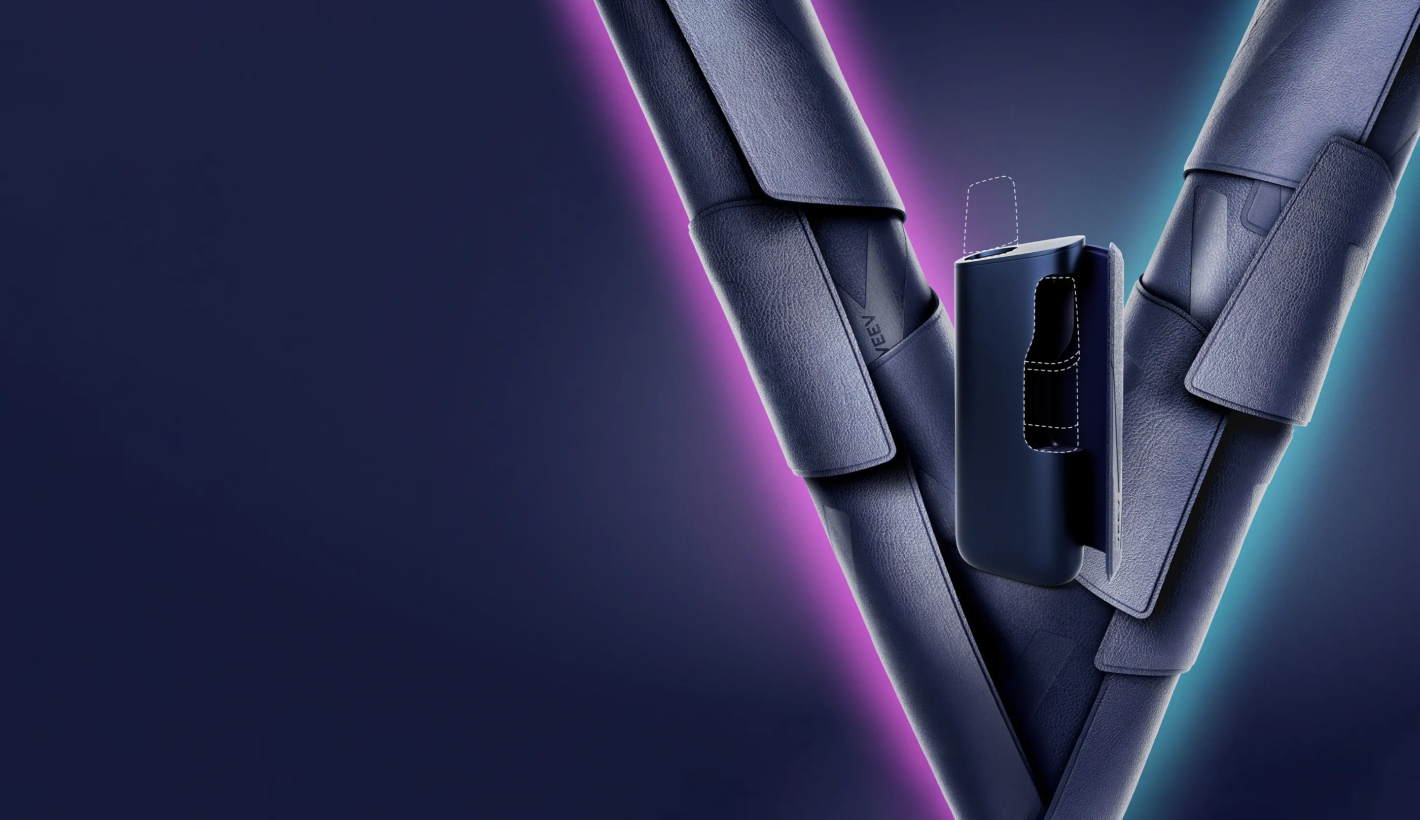 um dispositivo VEEV ONE na cor Electric Purple com luzes acesas e área da recarga a picotado, sobre fundo estilizado roxo.
