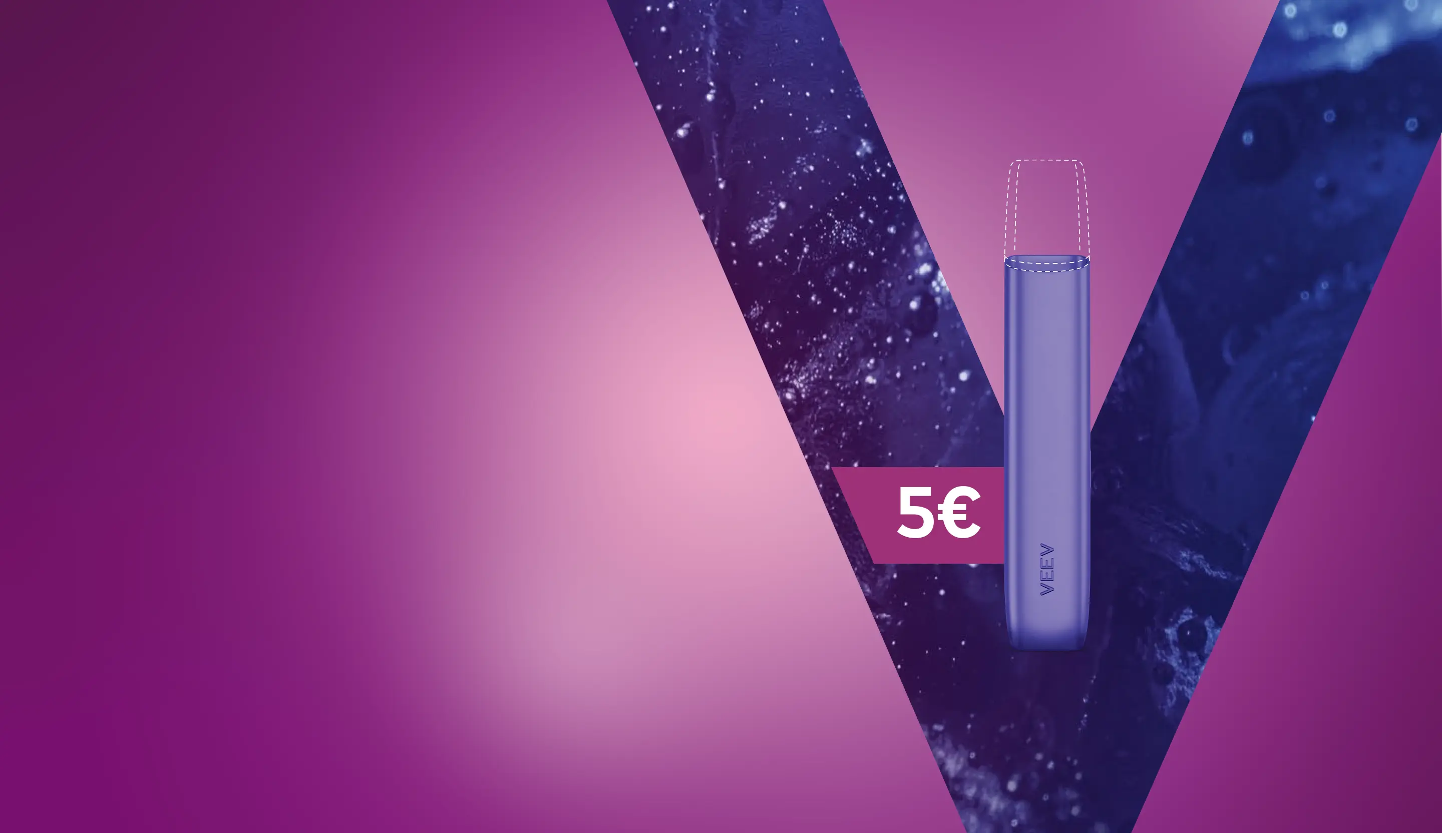 um dispositivo VEEV ONE na cor Electric Purple com luzes acesas e área da recarga a picotado, sobre fundo estilizado roxo.